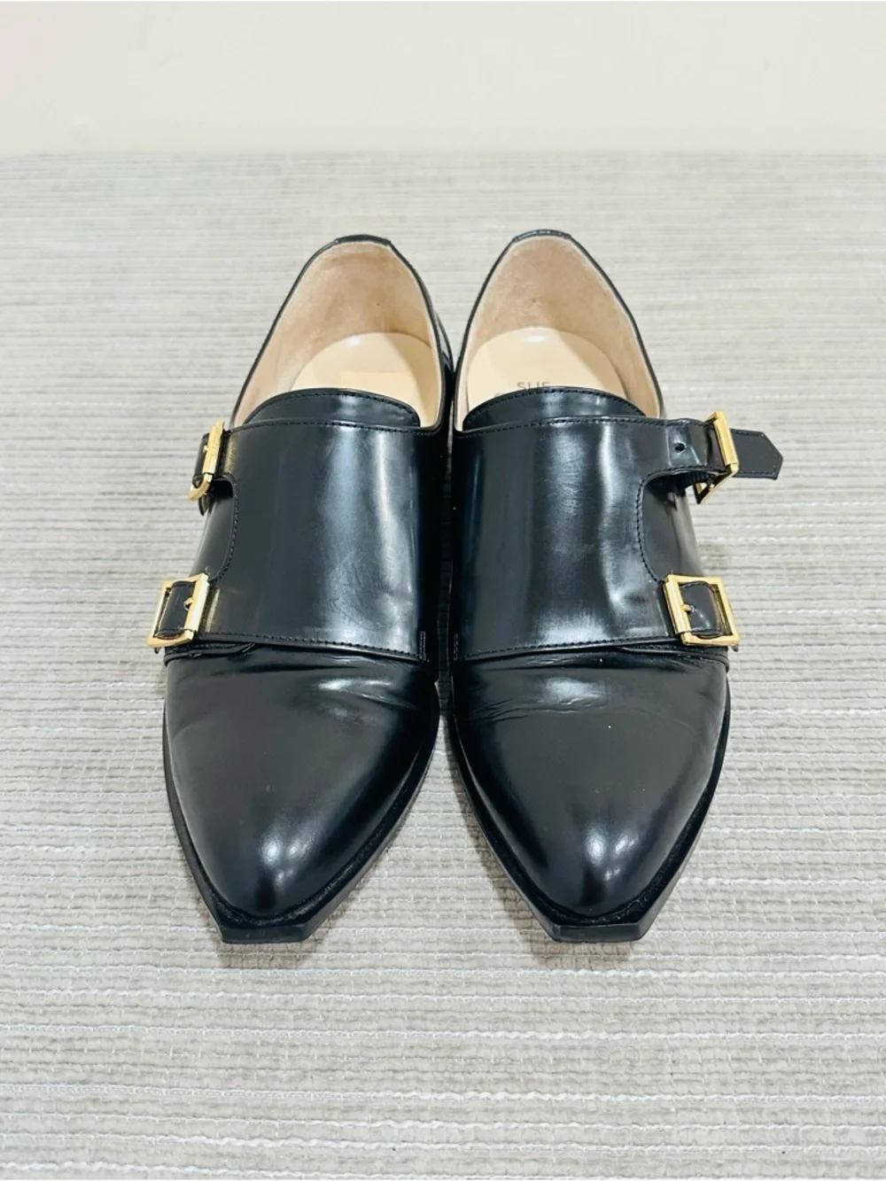 Suecomma Bonnie Black‎ Leather Double Monk Strap Flats Shoes - Size 6